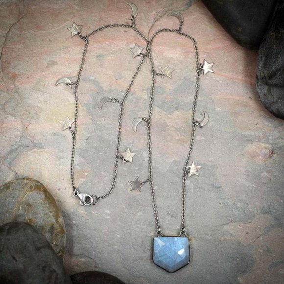 Labradorite Pentagon Pendant on Moon and Star Chain – C - Picture 2 of 2